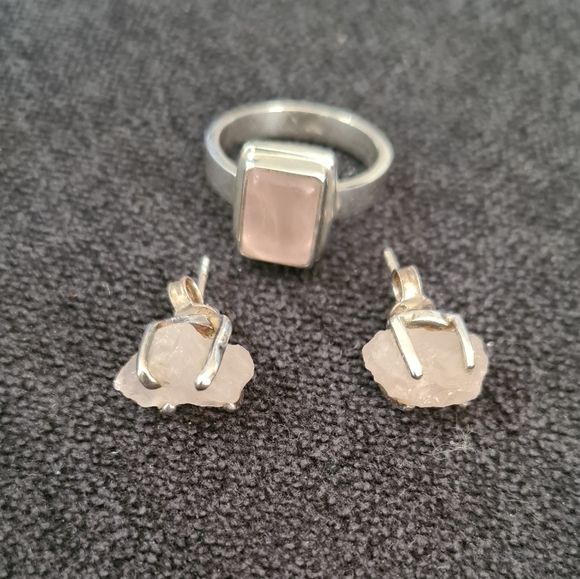 Rose Quartz Ring & Earrings Set - Sterling Silver 925 - Picture 3 of 4